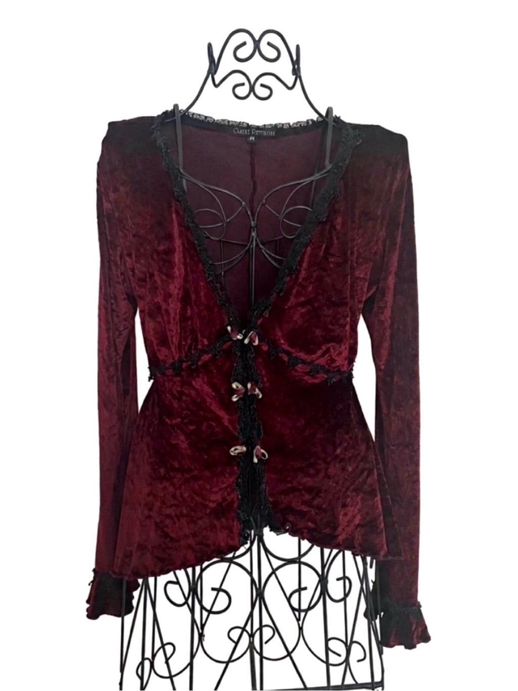 Vintage Crushed Velvet Lace-Trim Burgundy Red Romantic Goth Top, Fits Xxs & Xs